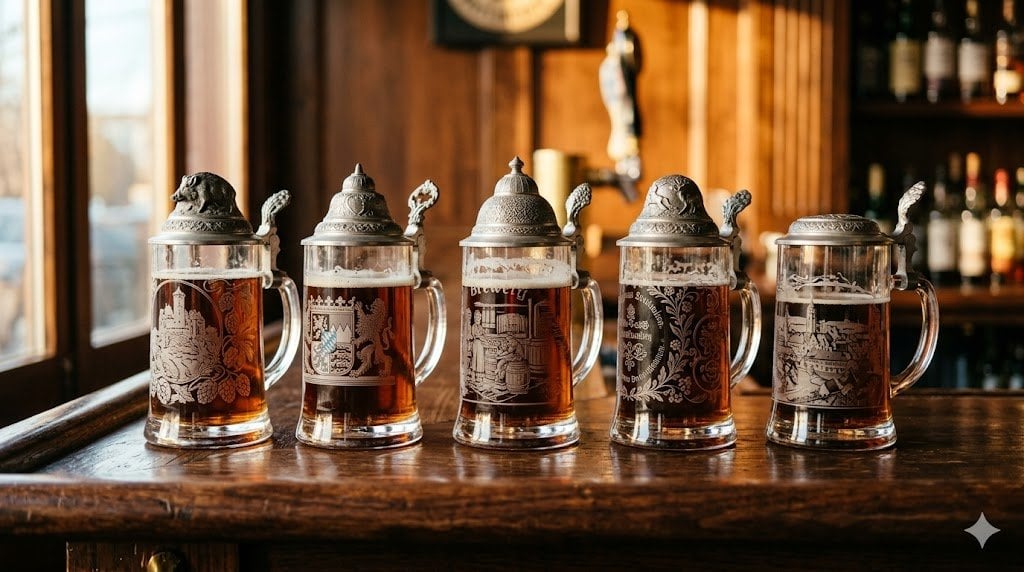 Engraved glass beer steins with pewter lids on dark walnut bar