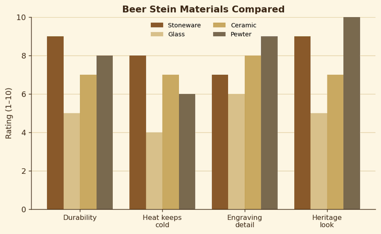 Grouped bar chart comparing stoneware, glass, ceramic and pewter beer steins on durability, cold retention, engraving detail and heritage look.