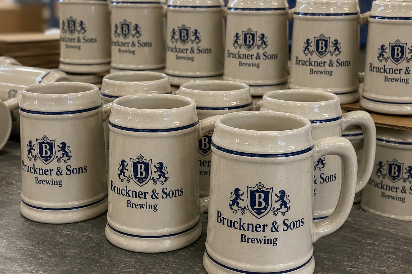 Custom beer steins with logo lined up on a taproom counter